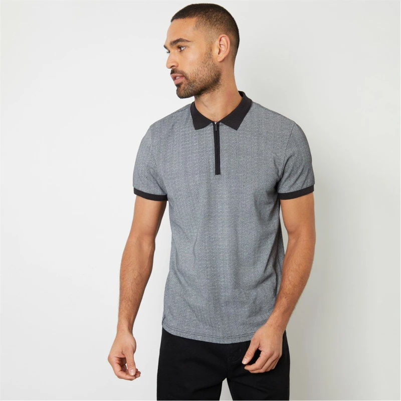 Image of Threadbare Rib Collar Printed Zip Neck Cotton Polo Shirt - Black S