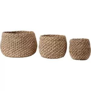 Image of Trine Set of 3 Woven Seagrass + Palm Leaf Plaited 2-Tone Storage Baskets Natural