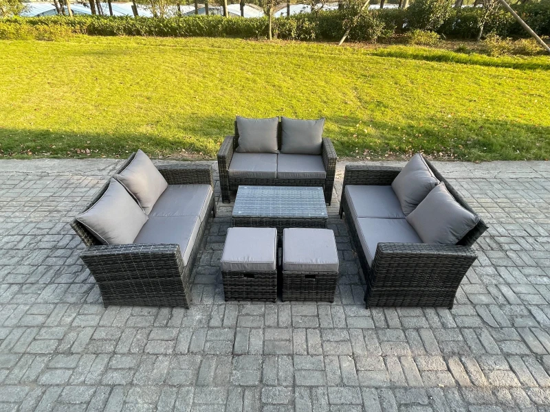 Image of Fimous 6pc Rattan Sofa Garden Furniture Outdoor Patio Set with 2 Small Footstools Double Seat Sofa Dark Grey Mixed Dark Grey Unisex
