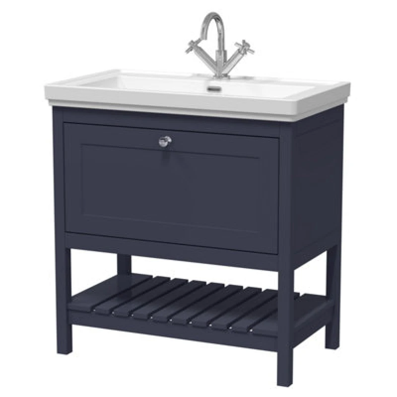 Image of Nuie Old London Bexley Floor Standing 1 Drawer Vanity & 1 Tap Hole Fireclay Basin, Stylish Vanity Unit With Basin, Indigo Blue, 800mm