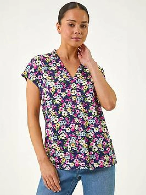 Image of Roman Womens Petite Floral V-Neck Stretch Top in Navy Size: 18 Navy Female 18