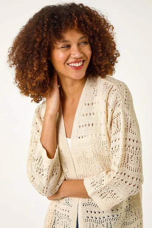 Image of Roman Womens 3/4 Sleeve Stitch Detail Cardigan in Natural Size: 20 Natural Female 20
