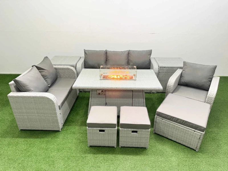Image of Fimous Patio PE Wicker 9 Seater Outdoor Rattan Furniture Sofa Sets with Firepit Dining Table Reclining Chair Loveseat Sofa 3 Seater Sofa Stool 2 Side