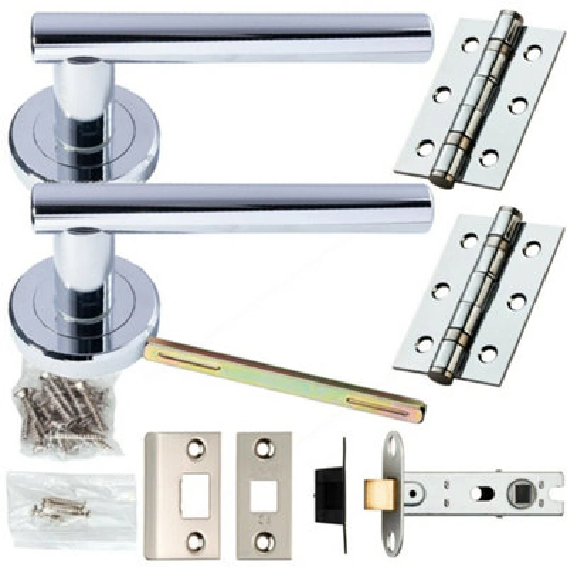 Image of Loops Door Handle & Latch Pack Chrome Modern Straight T Bar on Screwless Round Rose Multi