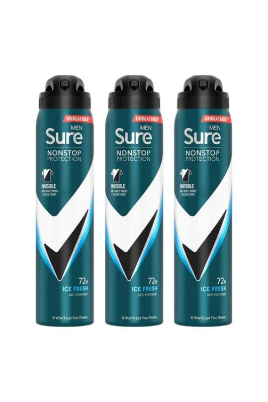 Image of Sure Men 'Antiperspirant' 72H Protection Invisible Ice Advance Deo, 3x250ml White male