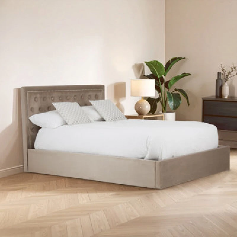 Image of Orsina Practical Mink Velvet Kingsize Ottoman Bed, Elegant Velvet Bed For Bedroom, Compact Diamont Tufted Bed