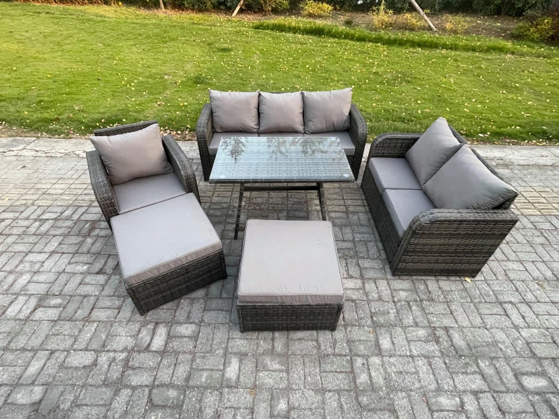 Image of Fimous Rattan Garden Furniture Dining Set 8 seater Patio Rectangular Table 2 Big Footstool Love Sofa Reclining Chair Dark Grey Mixed Dark Grey