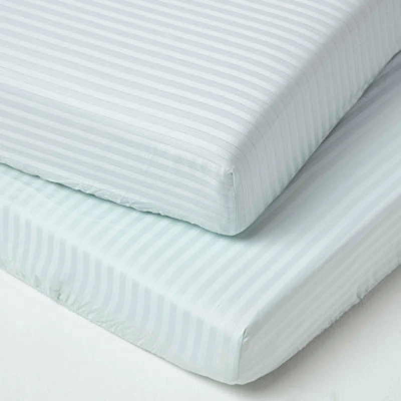 Image of Homescapes Blue Cotton Stripe Cot Bed Fitted Sheets 330 Thread Count, 2 Pack