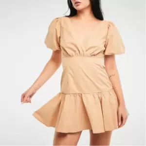 Image of Missguided Petite Puff Sleeve Frill Hem Mini Dress - Beige