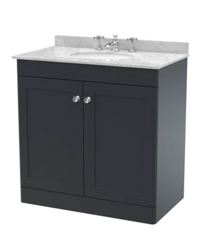 Image of NUIE Classique Satin Soft Black 800mm 2 Door Vanity Unit with Grey Marble Countertop and Round Basin with 3 Tap Holes - CLC1426GR3 - Nuie CLC1426GR3