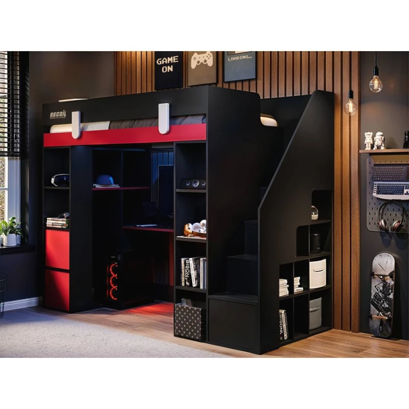 Image of Flair Blaze Staircase Gaming High Sleeper with Storage Black & Red Size: Single Black Unisex Single
