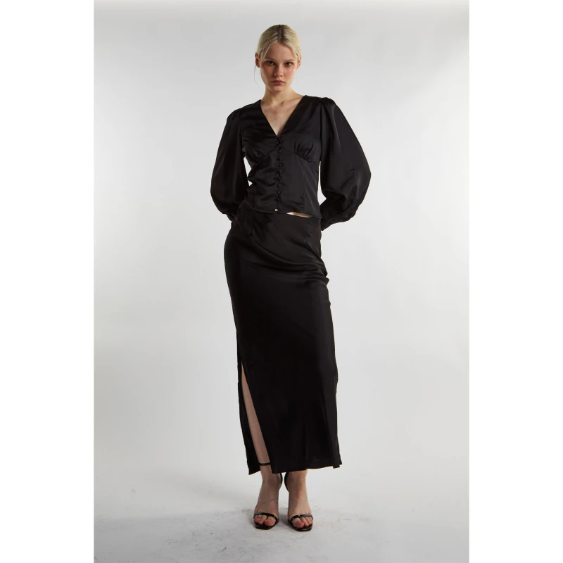 Image of Glamorous Black Satin Long Sleeve Top Black female 8 (XS)