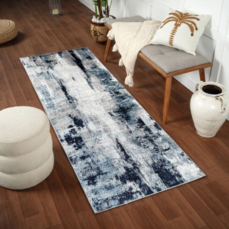 Image of Livabliss Abstract Modern Marble Aqua/navy Giulia Runner Rug 80 X 220 Cm - Easy Care, Non Shedding, Ideal For Hallway Or Beside The Bed