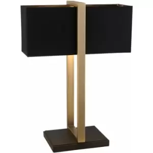 Image of Antique Brass Framed Table Lamp & Rectangular Cotton Shade - Matt Black Base