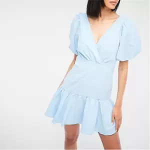 Image of Missguided Wrap Puff Sleeve Poplin Mini Dress - Blue