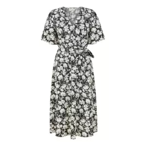 Image of Yumi Black Floral Wrap Midi Dress - Black