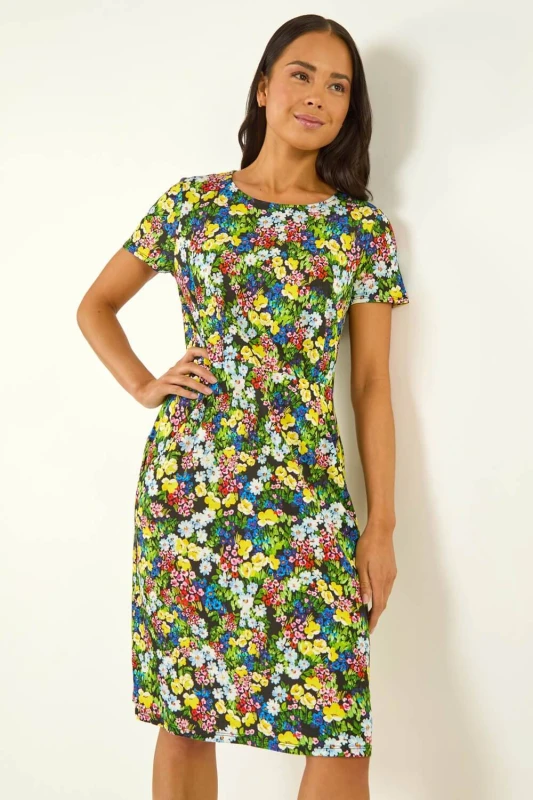 Image of Roman Womens Petite Floral Print Pocket Dress Size: 10 Multicolor Female 10