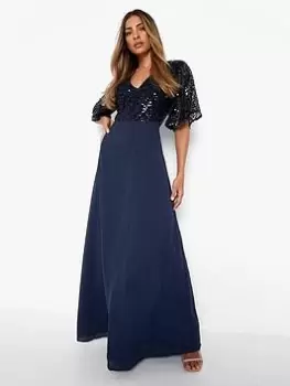 Image of Boohoo Sequin Bodice Occasion Maxi Dress - Navy, Blue, Size 12, Women