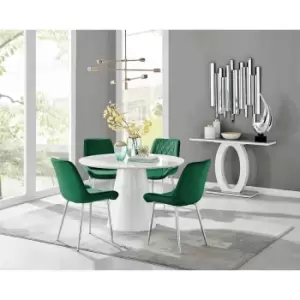 Image of Furniture Box Palma White High Gloss Round Dining Table and 4 Green Pesaro Silver Chairs