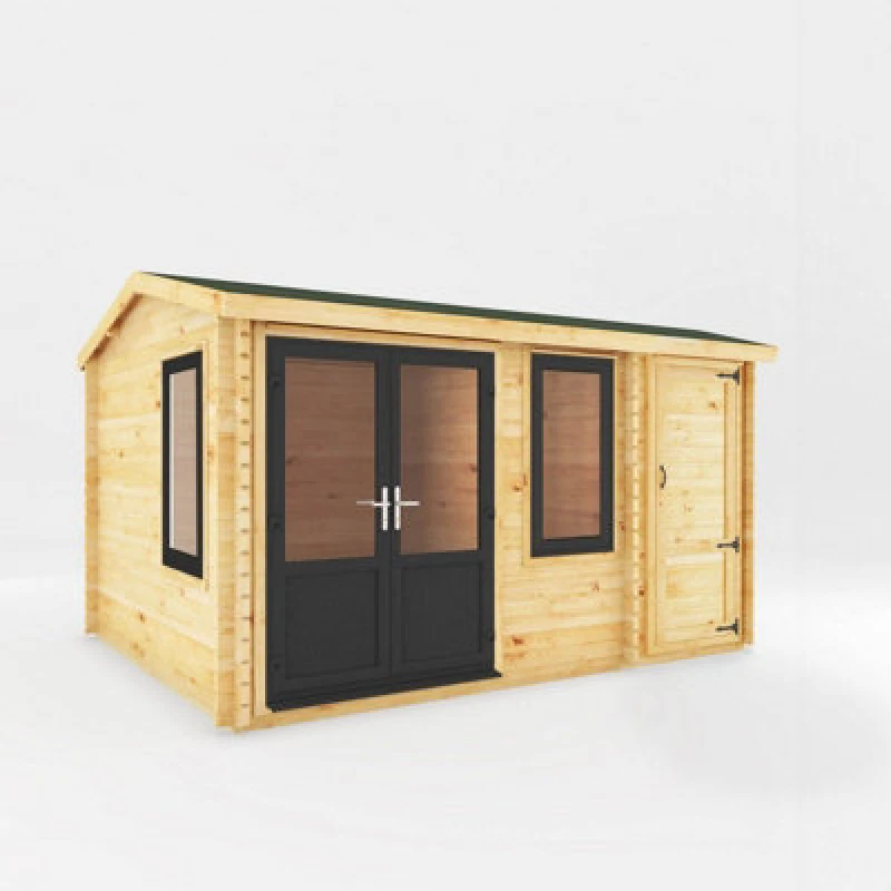 Image of Mercia 4.1 X 3 M Home Office Elite Log Cabin With Side Shed With Upvc Windows And Doors - 44mm Timber - L314.3 X W416 X H260 Cm - Brown
