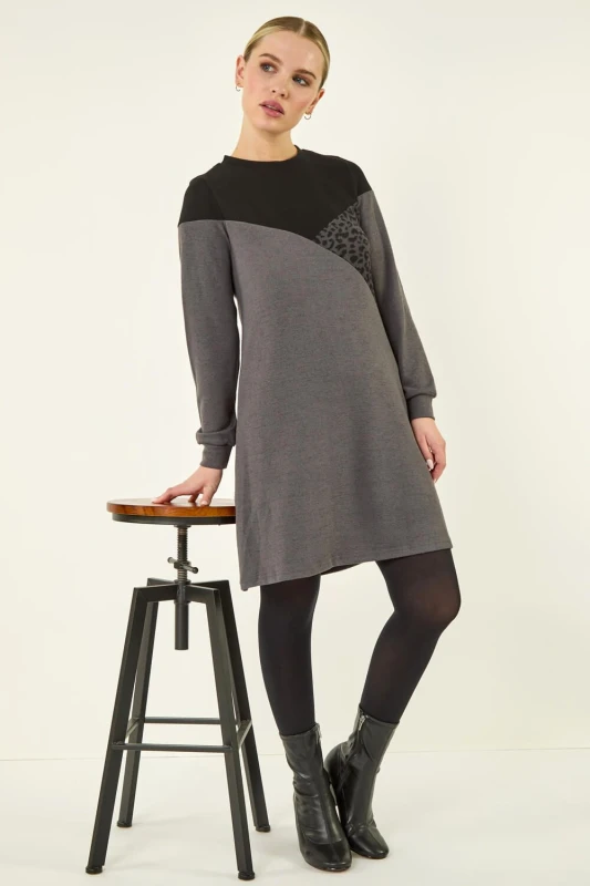 Image of Roman Petite Animal Colour Block Knit Dress Dark Grey
