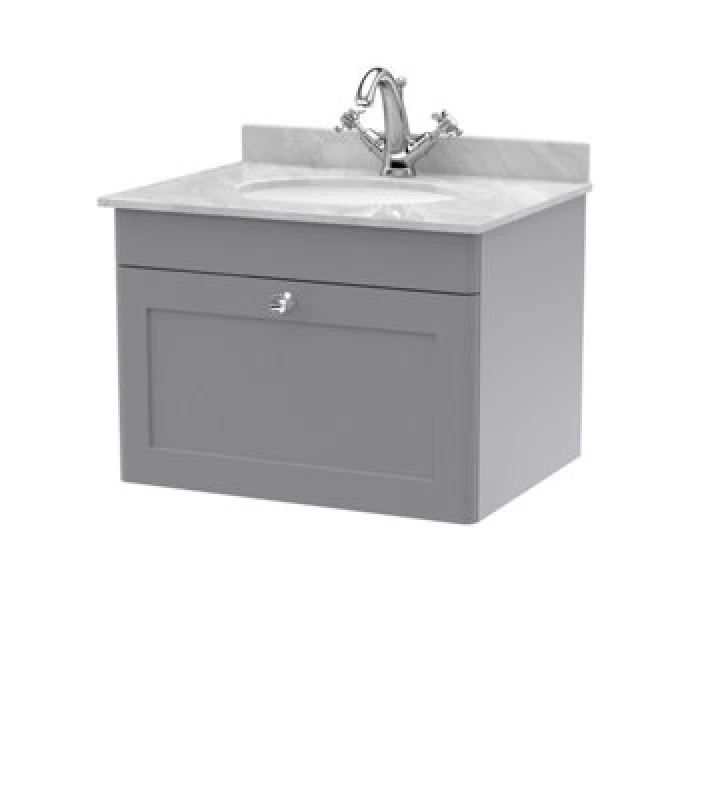 Image of Nuie Classique Wall Hung 1 Drawer Vanity Unit & 1 Tap Hole Grey Marble Top With Oval Basin, Contemporary Sink Vanity Unit In