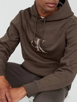 Image of Calvin Klein Jeans Archival Monogram Flock Overhead Hoodie - Olive, Olive Size M Men