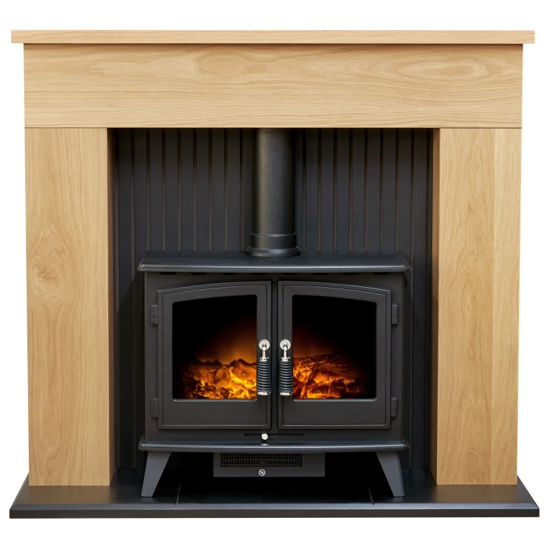 Image of Adam Fires & Fireplaces Adam Innsbruck Stove Fireplace in Oak with Woodhouse Electric Stove in Black, 45" in Black Unisex