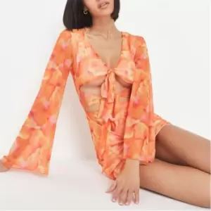 Image of Missguided Tiger Print Mesh Tie Cut Out Mini Dress - Orange