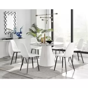Image of Furniturebox Palma White Marble Effect 120cm Round Minimalist Dining Table & 6 White Corona Faux Leather Dining Chairs with Black Legs Diamond Stitch