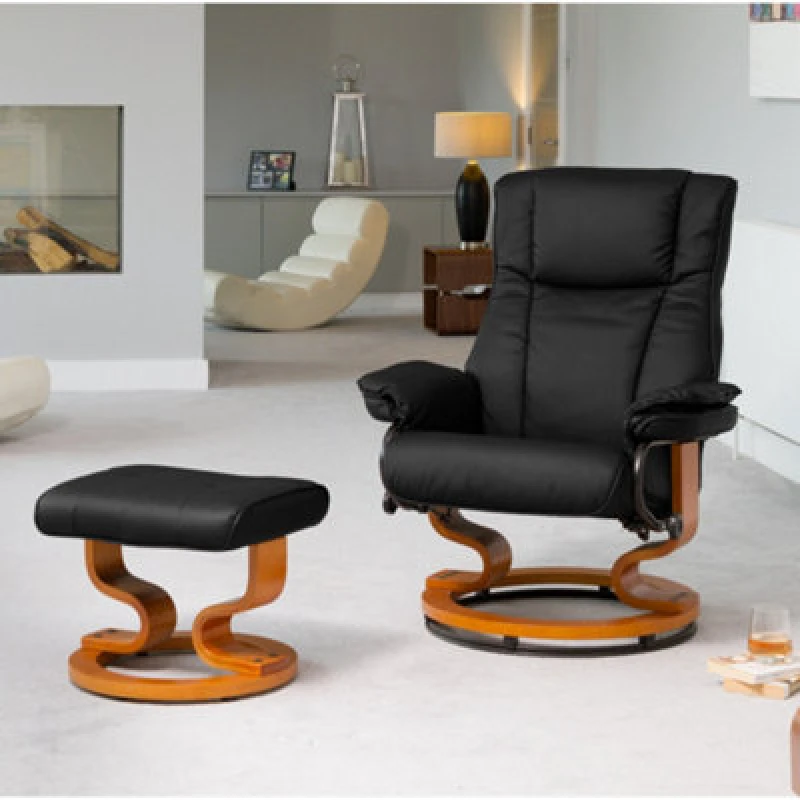 Image of Calhoun 83Cm Wide Black Bonded Leather 360 Degree Ergonomic Swivel Base Recliner Chair And Footstool