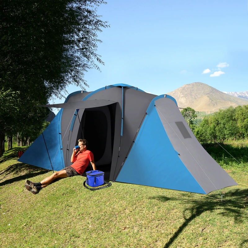 Image of Outsunny 4-6 Man Camping Tent with 2 Bedroom and Living Area Blue