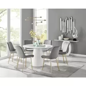 Image of Furniturebox Palma White High Gloss 6 Seat Minimalist Post Modern Round Dining Table & 6 Grey Pesaro Gold Leg Velvet Chairs