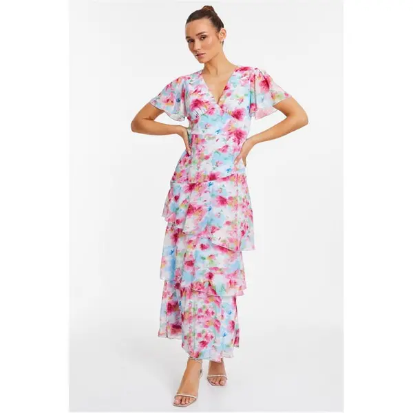 Image of Quiz Multi Floral Frill Maxi Dress Maxi Dresses 8 (XS) Multi 98248699310