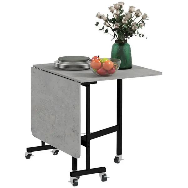 Image of HOMCOM Drop Leaf Table, Folding Dining Table with Metal Frame, Rolling Kitchen Dining Table for Small Spaces, 120cm, Grey