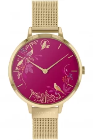 Image of Sara Miller Chelsea Ladies Pale Gold Stainless Steel Mesh Strap Magenta Small Dial Enchanted Garden Watch SA4010