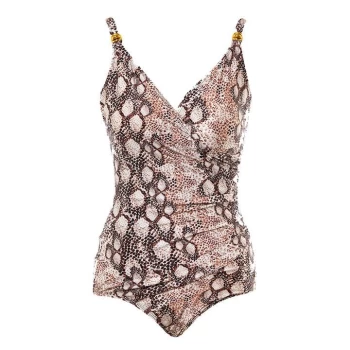 Image of Seaspray Brown Ella Snake Print Mock Wrap Strapsuit - 10