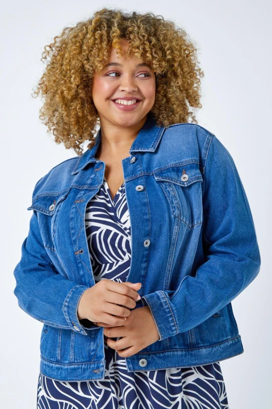 Image of Roman Womens Curve Cotton Denim Jacket in Mid Blue Size: 20 Mid Blue Female 20