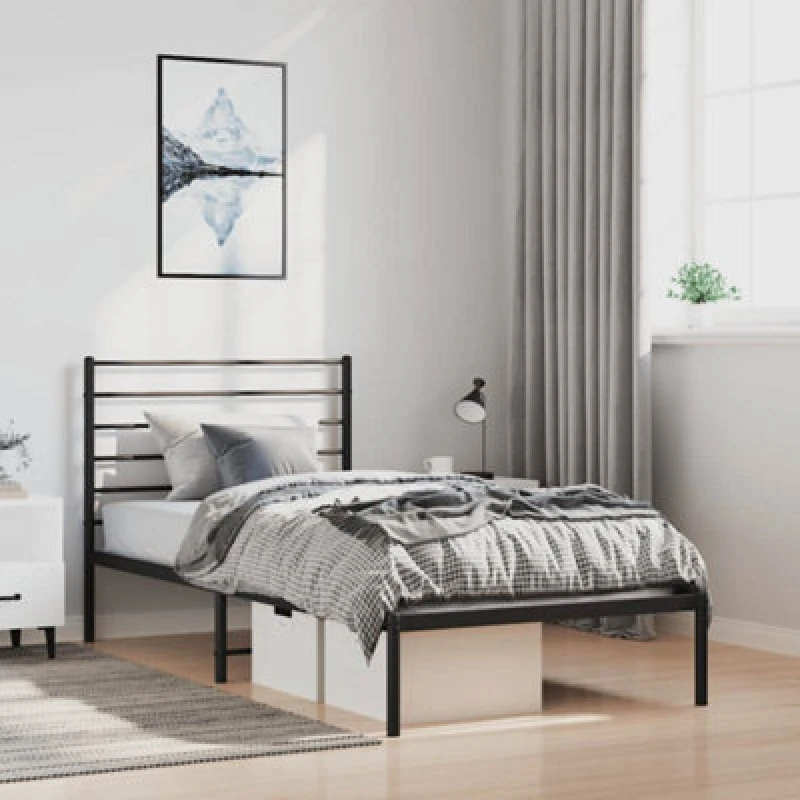 Image of Vidaxl Metal Bed Frame Without Mattress With Headboard Black 100X190Cm