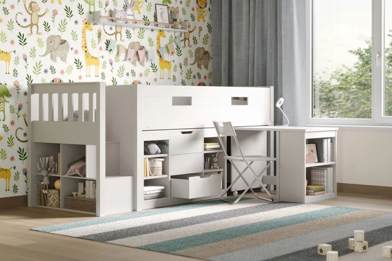 Image of Flair Charlie Staircase Mid Sleeper Cabin Bed with Storage & Desk in White Size: Single White Unisex Single
