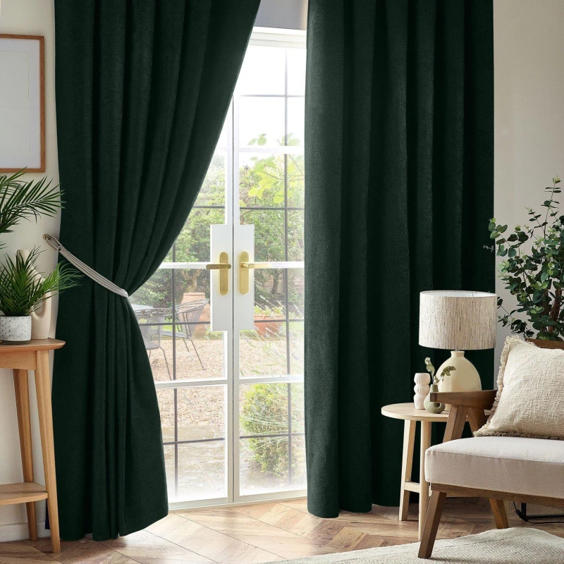 Image of Luxury Living Chenille Blackout Pencil Pleat Top Curtains 168Cm X 229Cm Green