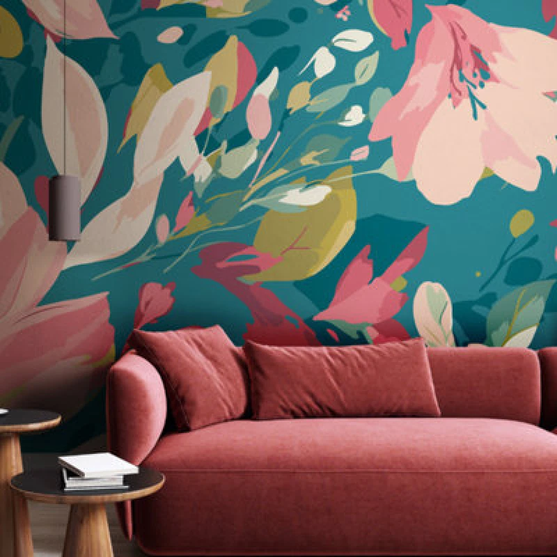 Image of Origin Murals Flowing Flowers - Teal Blue And Coral Matt Smooth Paste The Wall Mural 350Cm Wide X 280Cm High