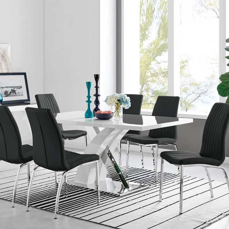 Image of FurnitureboxUK FurnitureboxUK Atlanta Modern Rectangle Chrome Metal High Gloss White Dining Table And 6 Isco Chairs Set in Black One Size Unisex