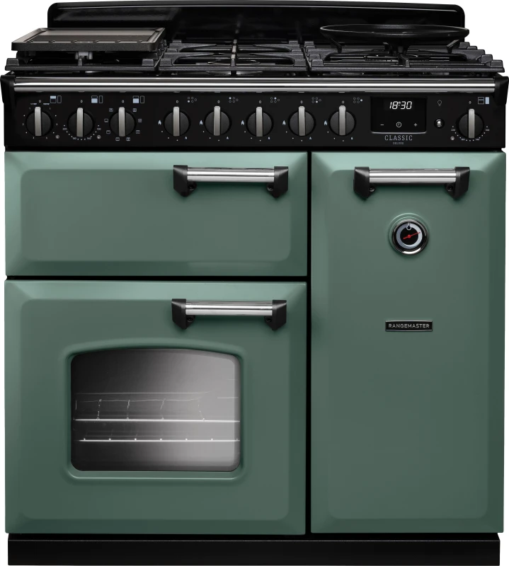 Image of Rangemaster Classic Deluxe CLDL90DFPMGR/CM1 90cm wide Dual Fuel Range Cooker with Gas Hob - Mineral Green / Chrome - A Rated