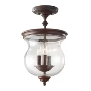 Image of 3 Bulb Semi Flush Light Storm Glass Shade Heritage Bronze LED E14 60W