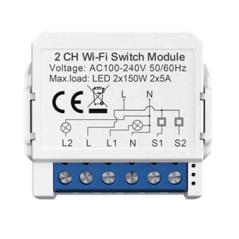Image of Ener-J Smart WiFi+Ble 2Ch Light Switch Module (Max 2 X 150W). On/off Switch
