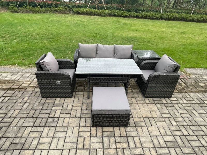 Image of Fimous Wicker PE Rattan Garden Furniture Set Outdoor Rectangular Dining Table & Chair Sofa Set With Side Table in Dark Grey Dark Grey Unisex