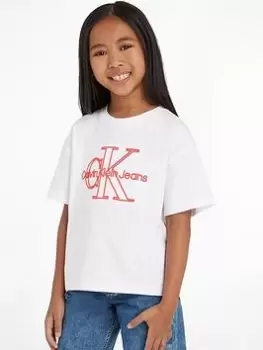 Image of Calvin Klein Jeans Girls Monogram Embroidery Short Sleeve T-Shirt - White, Size Age: 10 Years, Women