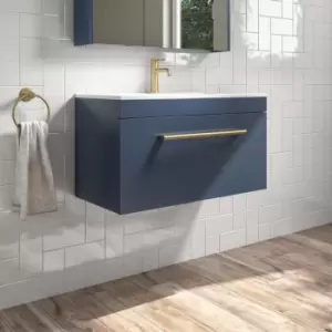 Image of 800mm Blue Wall Hung Vanity Unit with Basin and Brushed Brass Handle - Ashford