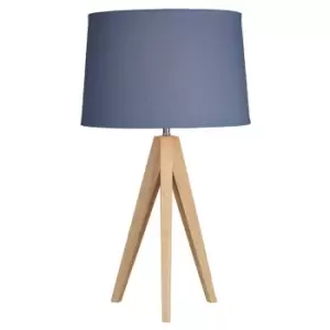 Image of Scandi Wooden Tripod Table Lamp with Denim Shade